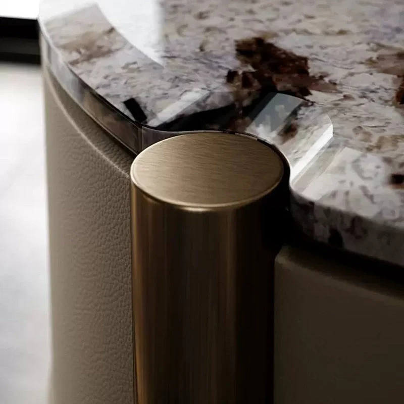 Modern Luxury Round Tabletop Marble Plywood Stainless Steel Microfiber Leather Nightstand 2-Drawer For Bedroom