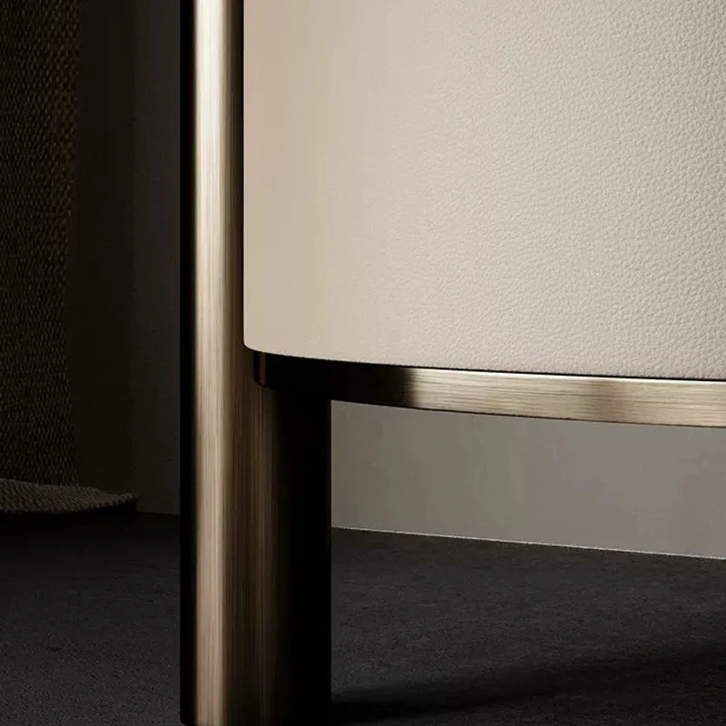 Modern Luxury Round Tabletop Marble Plywood Stainless Steel Microfiber Leather Nightstand 2-Drawer For Bedroom