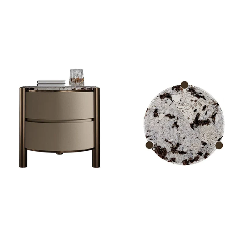 Modern Luxury Round Tabletop Marble Plywood Stainless Steel Microfiber Leather Nightstand 2-Drawer For Bedroom