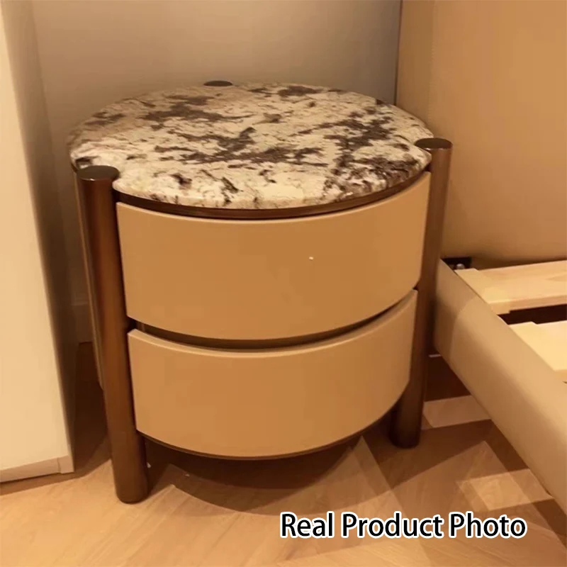 Modern Luxury Round Tabletop Marble Plywood Stainless Steel Microfiber Leather Nightstand 2-Drawer For Bedroom