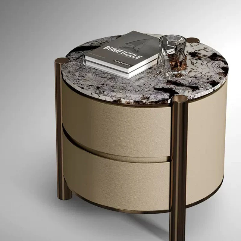 Modern Luxury Round Tabletop Marble Plywood Stainless Steel Microfiber Leather Nightstand 2-Drawer For Bedroom