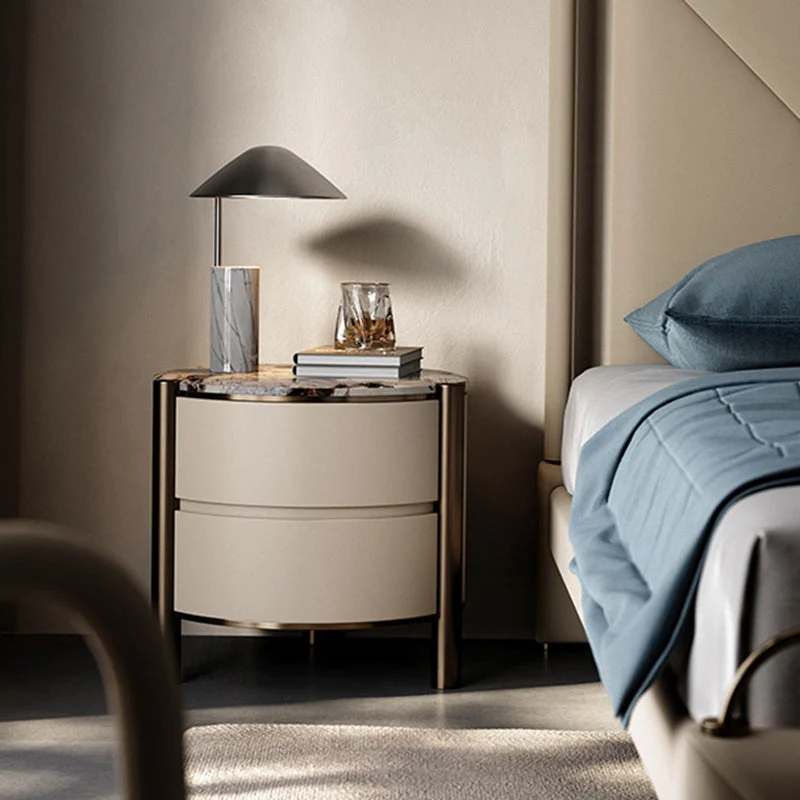 Modern Luxury Round Tabletop Marble Plywood Stainless Steel Microfiber Leather Nightstand 2-Drawer For Bedroom