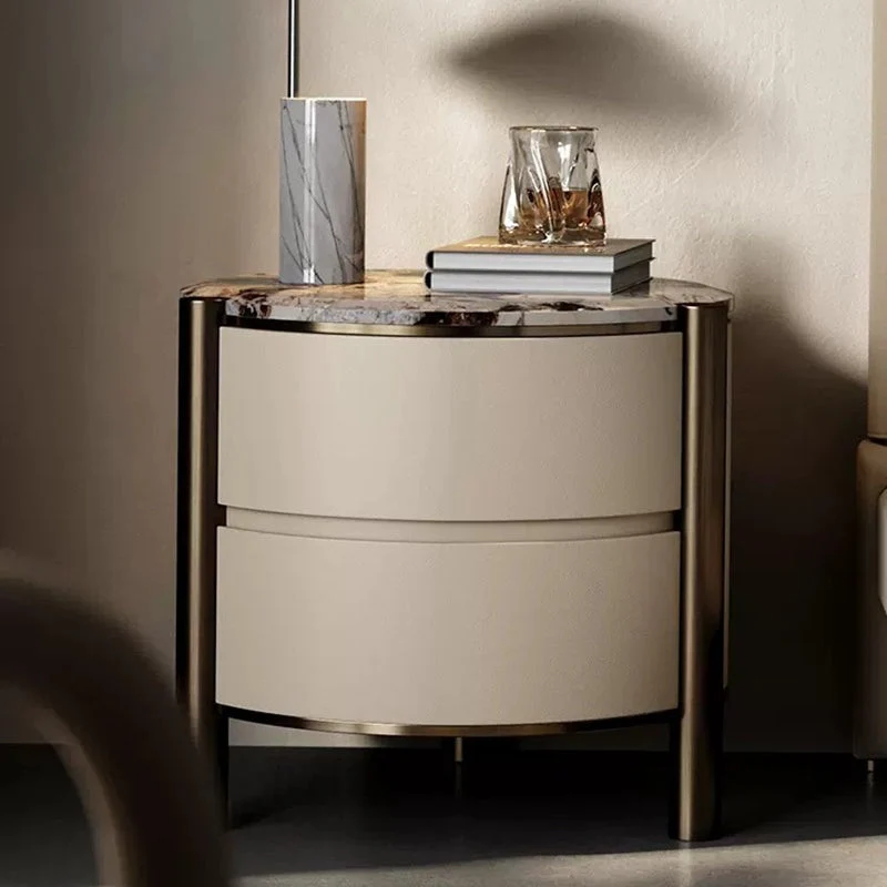 Modern Luxury Round Tabletop Marble Plywood Stainless Steel Microfiber Leather Nightstand 2-Drawer For Bedroom