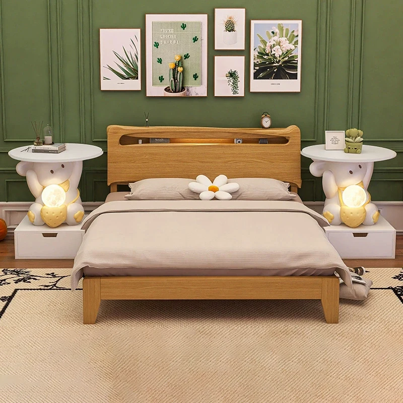 Modern Art Deco Kids Rabbit Round Plate Rectangular Drawer Resin Wood Enamel End Table 1-Drawer With LED Light For Bedroom
