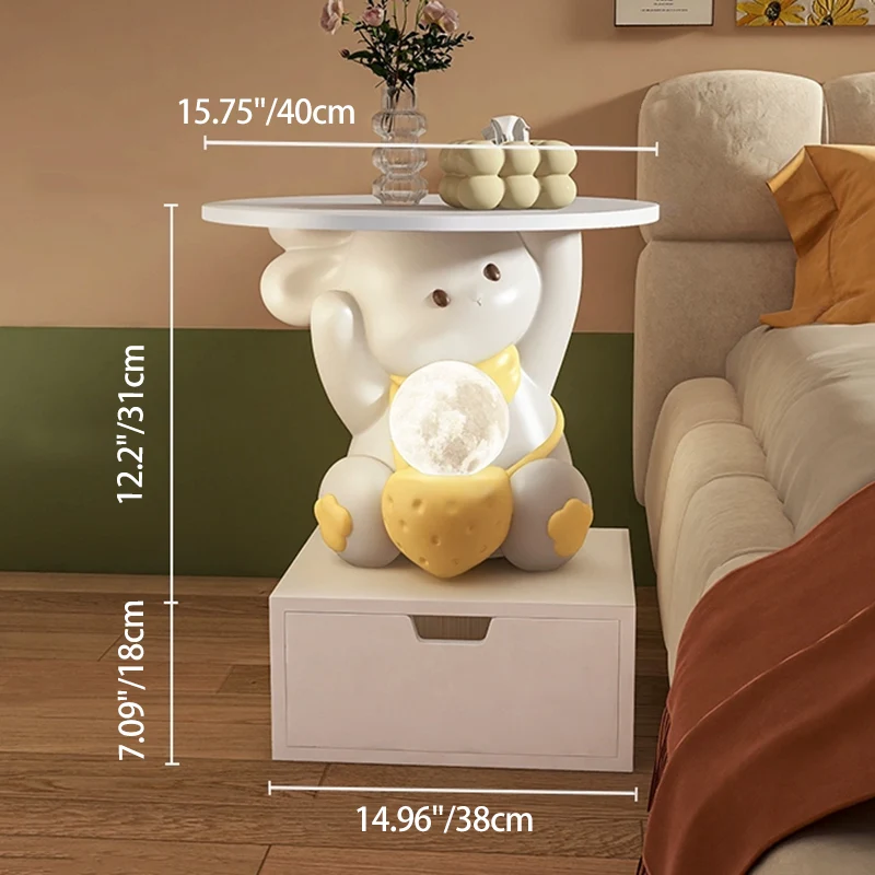 Modern Art Deco Kids Rabbit Round Plate Rectangular Drawer Resin Wood Enamel End Table 1-Drawer With LED Light For Bedroom