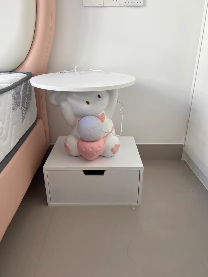 Modern Art Deco Kids Rabbit Round Plate Rectangular Drawer Resin Wood Enamel End Table 1-Drawer With LED Light For Bedroom