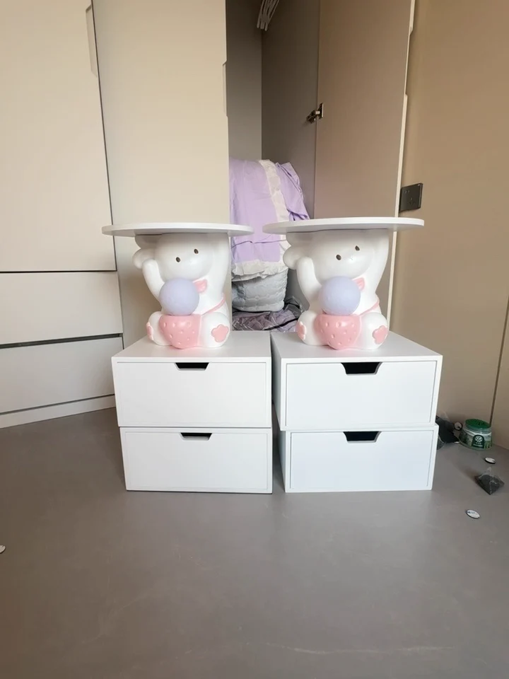 Modern Art Deco Kids Rabbit Round Plate Rectangular Drawer Resin Wood Enamel End Table 1-Drawer With LED Light For Bedroom