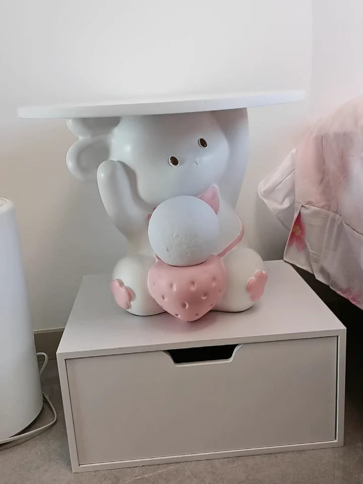 Modern Art Deco Kids Rabbit Round Plate Rectangular Drawer Resin Wood Enamel End Table 1-Drawer With LED Light For Bedroom