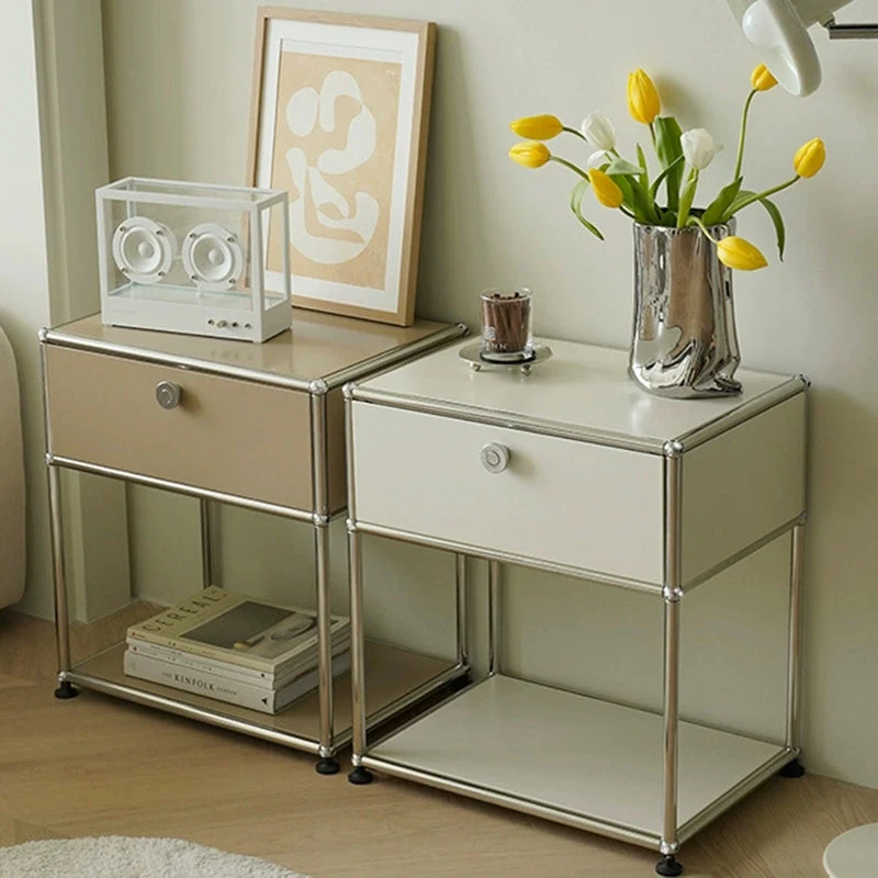 Modern Minimalist Square Frame Stainless Steel Particle Board Nightstand 1-Drawer For Bedroom