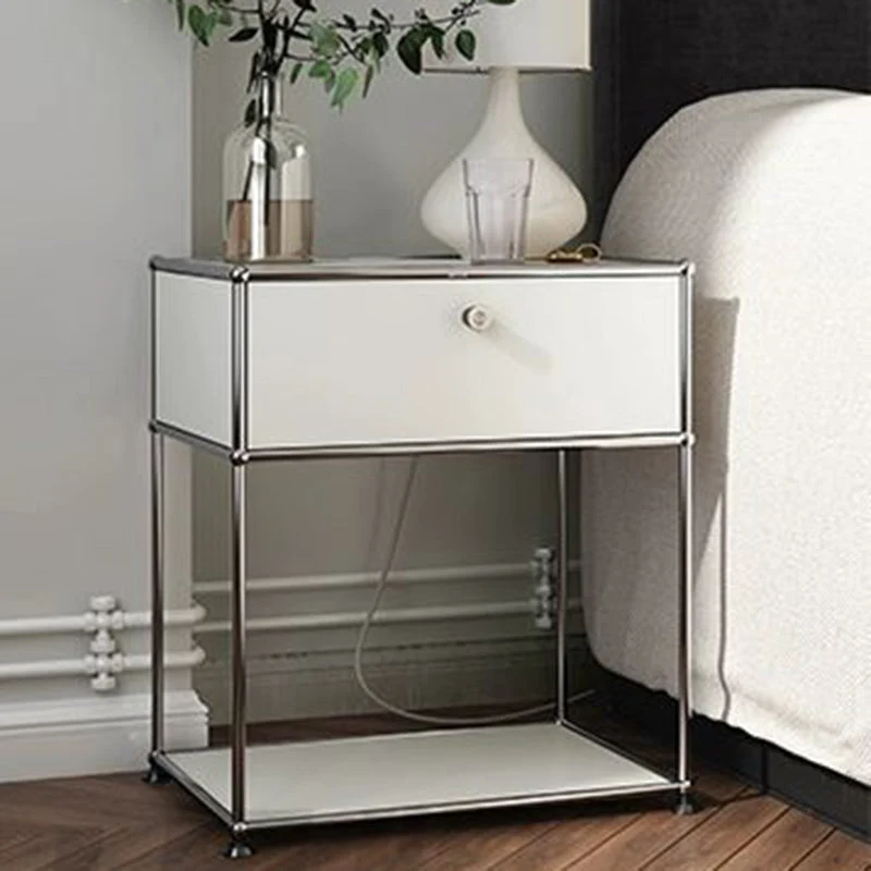 Modern Minimalist Square Frame Stainless Steel Particle Board Nightstand 1-Drawer For Bedroom