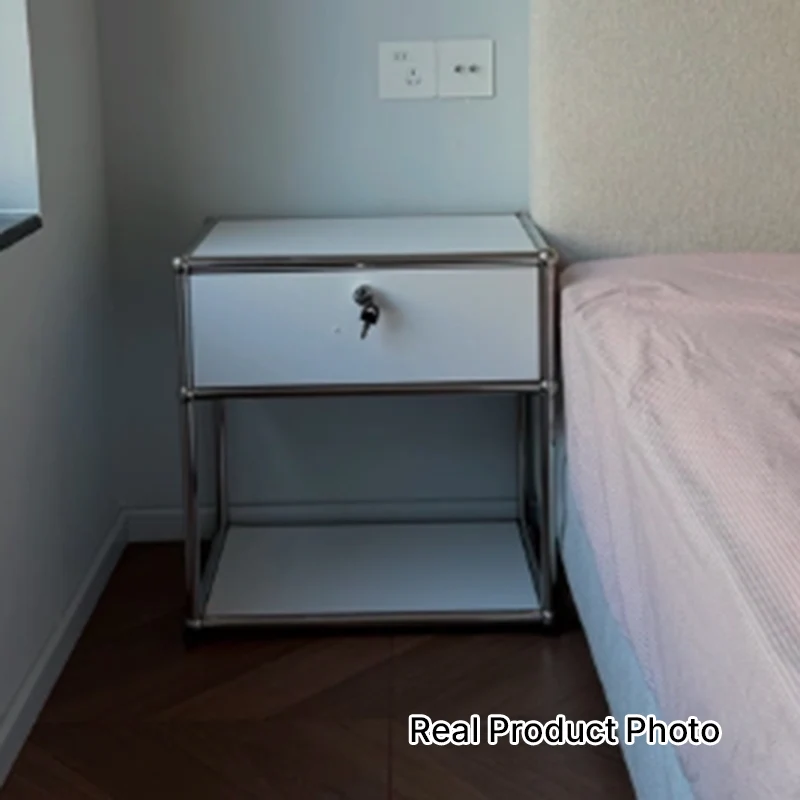 Modern Minimalist Square Frame Stainless Steel Particle Board Nightstand 1-Drawer For Bedroom
