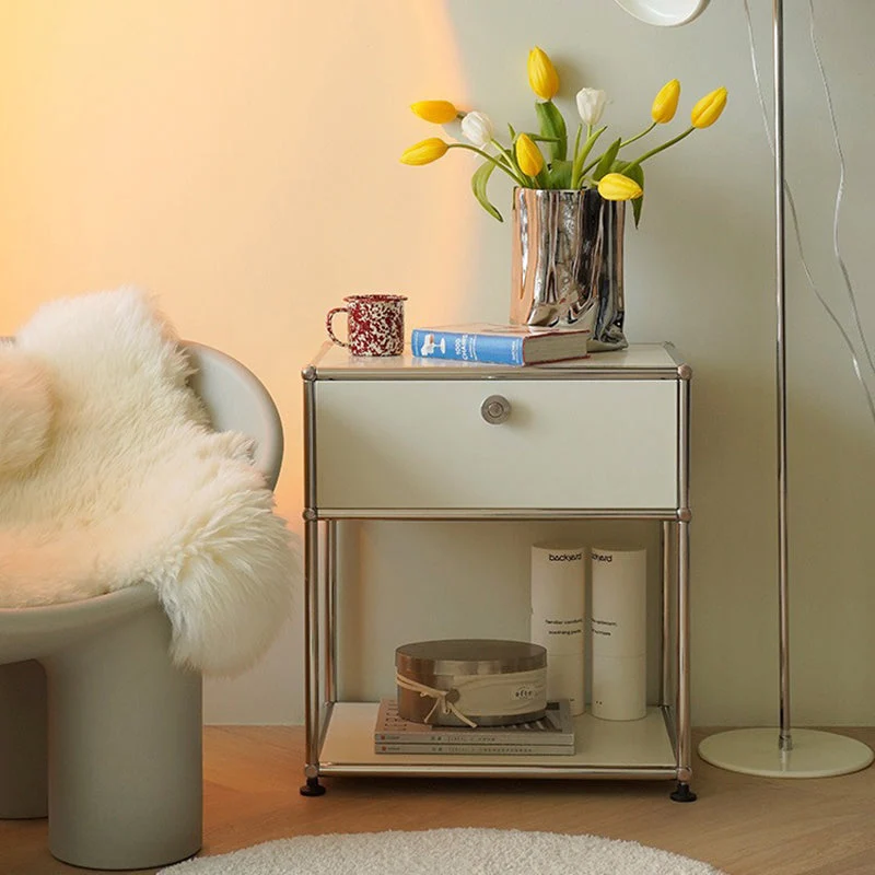 Modern Minimalist Square Frame Stainless Steel Particle Board Nightstand 1-Drawer For Bedroom