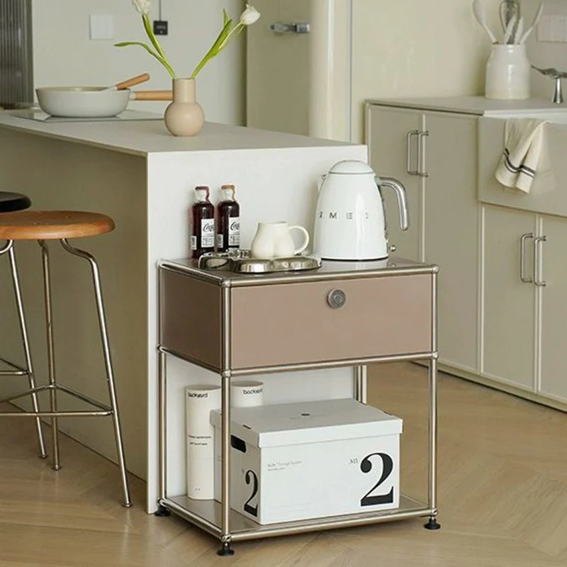 Modern Minimalist Square Frame Stainless Steel Particle Board Nightstand 1-Drawer For Bedroom