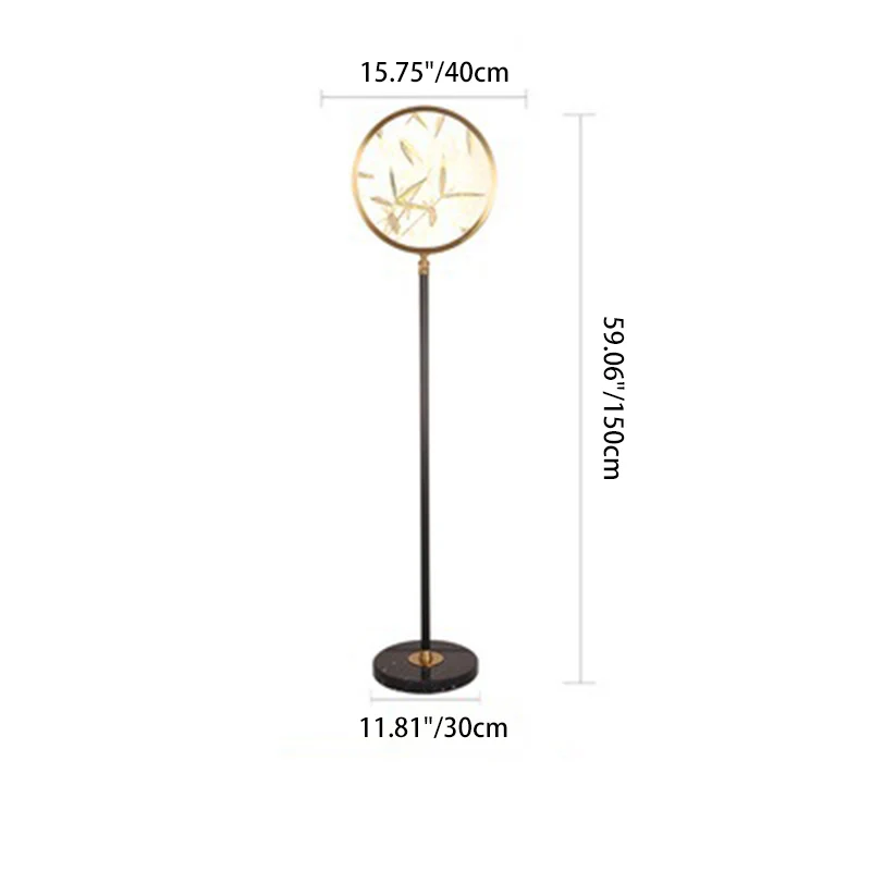 Traditional Chinese Bamboo Leaf Round Shade in Metal & Glass LED Standing Floor Lamp For Living Room
