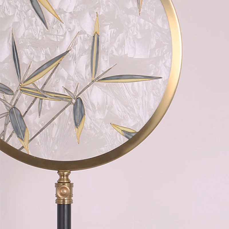 Traditional Chinese Bamboo Leaf Round Shade in Metal & Glass LED Standing Floor Lamp For Living Room