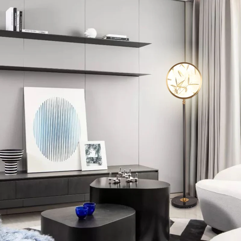 Traditional Chinese Bamboo Leaf Round Shade in Metal & Glass LED Standing Floor Lamp For Living Room