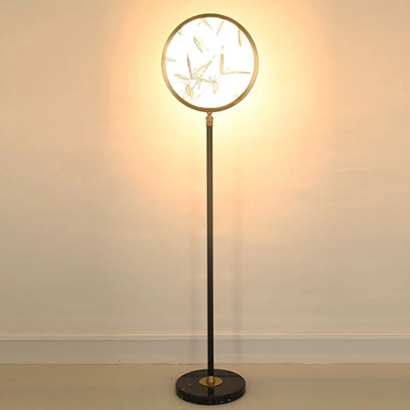Traditional Chinese Bamboo Leaf Round Shade in Metal & Glass LED Standing Floor Lamp For Living Room