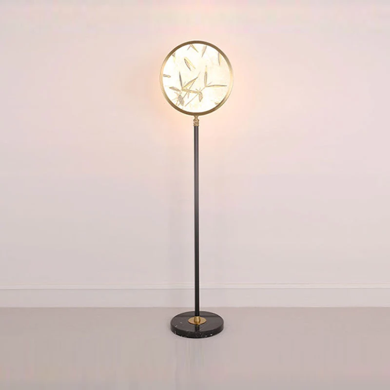 Traditional Chinese Bamboo Leaf Round Shade in Metal & Glass LED Standing Floor Lamp For Living Room