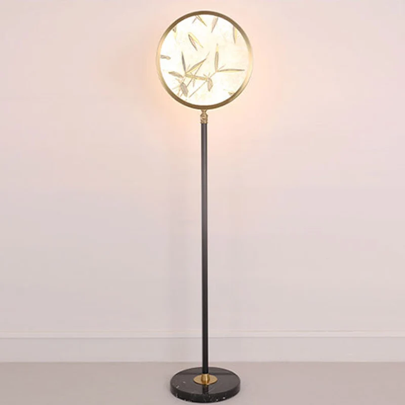 Traditional Chinese Bamboo Leaf Round Shade in Metal & Glass LED Standing Floor Lamp For Living Room