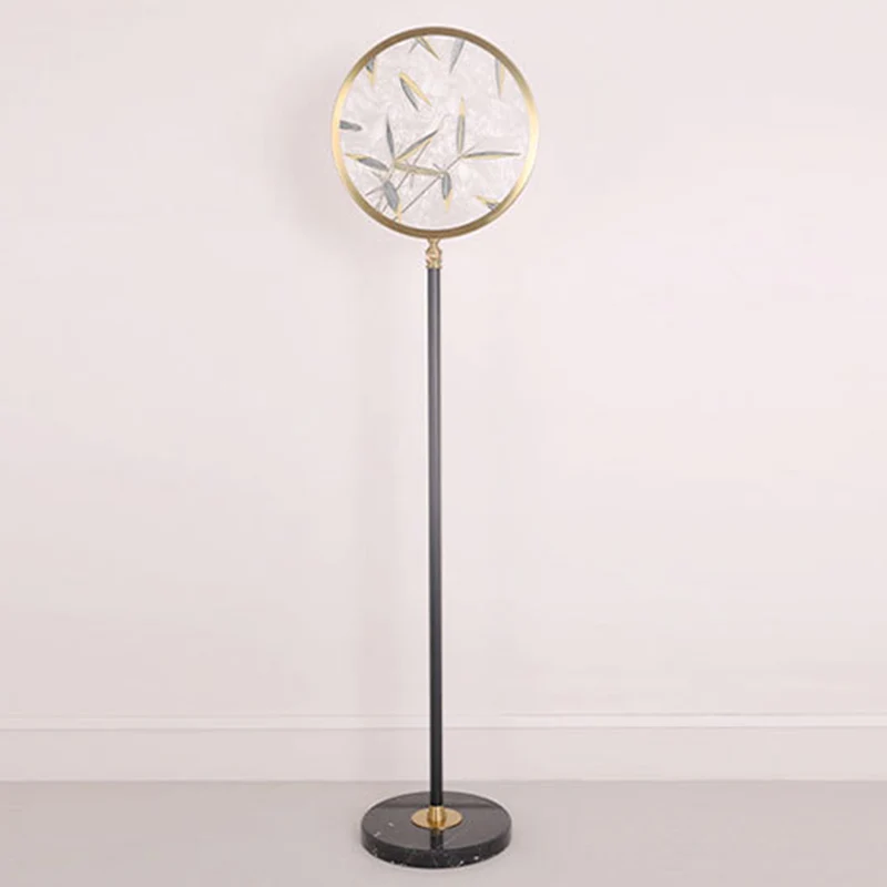 Traditional Chinese Bamboo Leaf Round Shade in Metal & Glass LED Standing Floor Lamp For Living Room