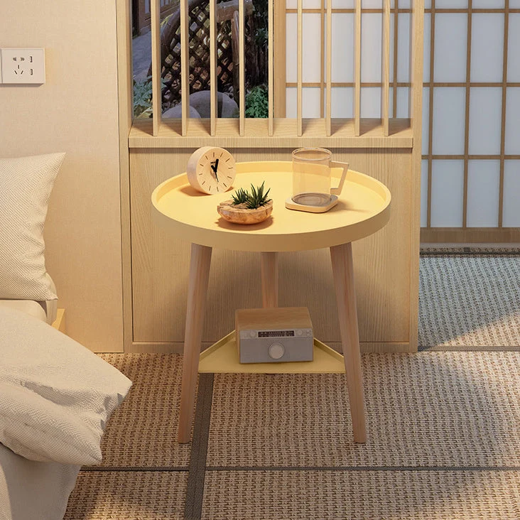 Contemporary Scandinavian Round PP PVC Beech Wood Side Table 1/2 Tier For Living Room