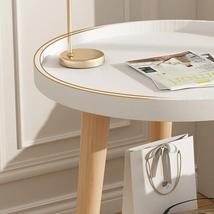 Contemporary Scandinavian Round PP PVC Beech Wood Side Table 1/2 Tier For Living Room