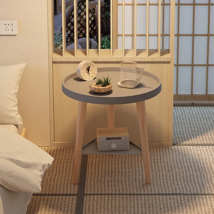 Contemporary Scandinavian Round PP PVC Beech Wood Side Table 1/2 Tier For Living Room