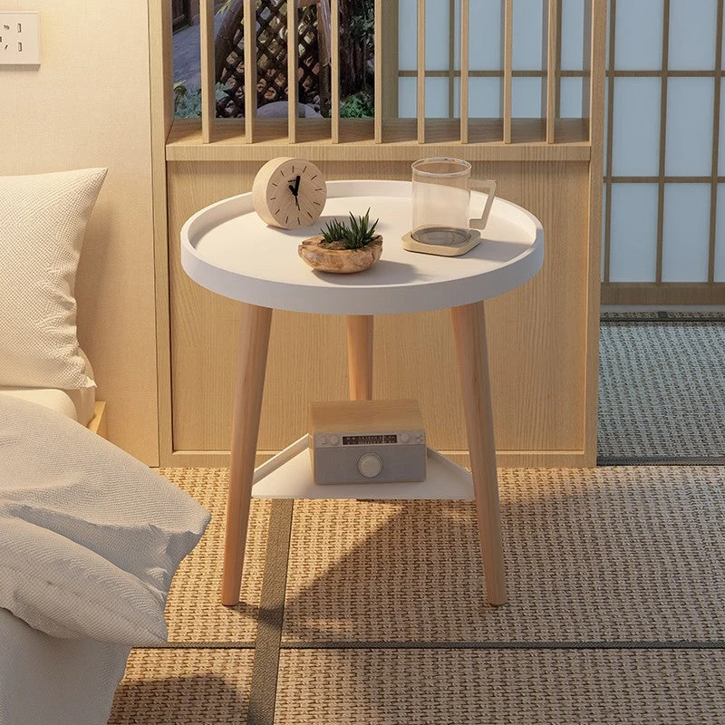 Contemporary Scandinavian Round PP PVC Beech Wood Side Table 1/2 Tier For Living Room