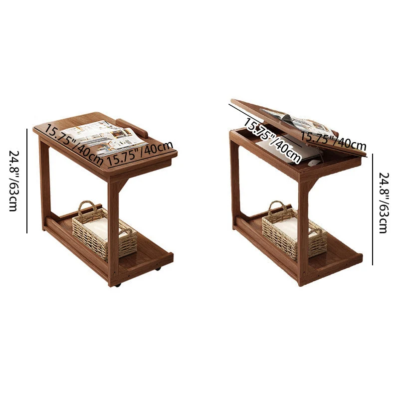 Traditional Vintage Square MDF Rubberwood Flip-top Side Table 2-Tier Storage Shelves For Living Room