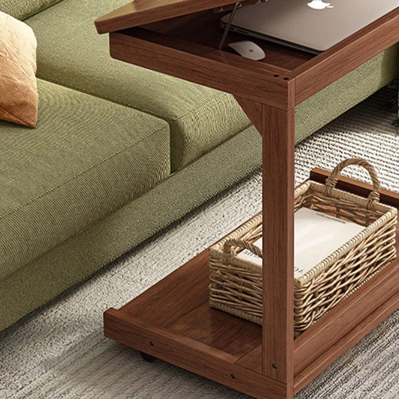 Traditional Vintage Square MDF Rubberwood Flip-top Side Table 2-Tier Storage Shelves For Living Room