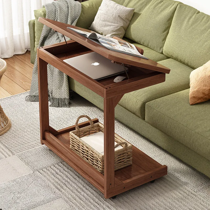 Traditional Vintage Square MDF Rubberwood Flip-top Side Table 2-Tier Storage Shelves For Living Room