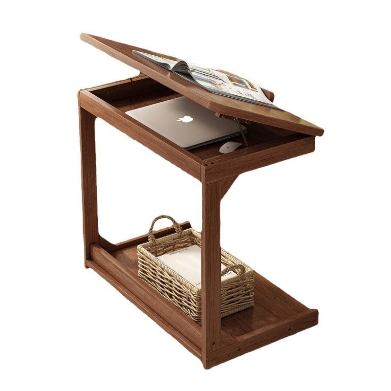 Traditional Vintage Square MDF Rubberwood Flip-top Side Table 2-Tier Storage Shelves For Living Room