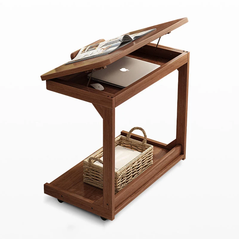 Traditional Vintage Square MDF Rubberwood Flip-top Side Table 2-Tier Storage Shelves For Living Room