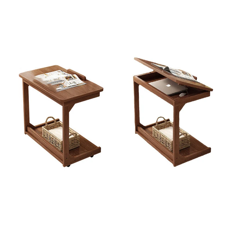 Traditional Vintage Square MDF Rubberwood Flip-top Side Table 2-Tier Storage Shelves For Living Room