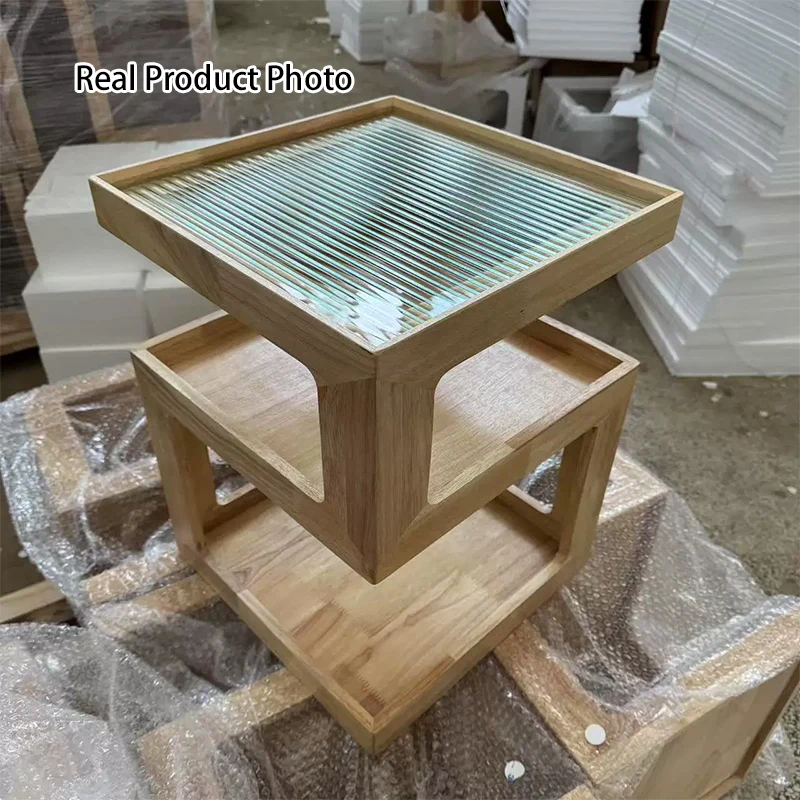 Traditional Vintage Square Glass Top Rubberwood Plywood End Table 3-Tier For Living Room