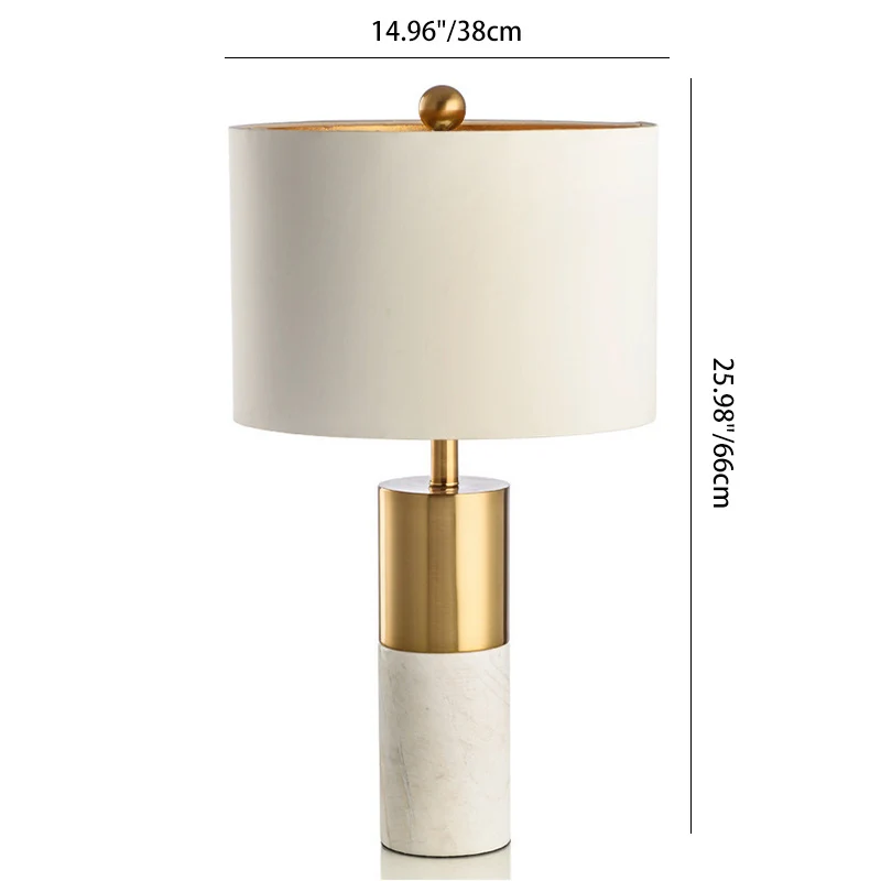 Modern Minimalist Round Cylinder Metal Marble Fabric 1-Light Table Lamp For Bedroom