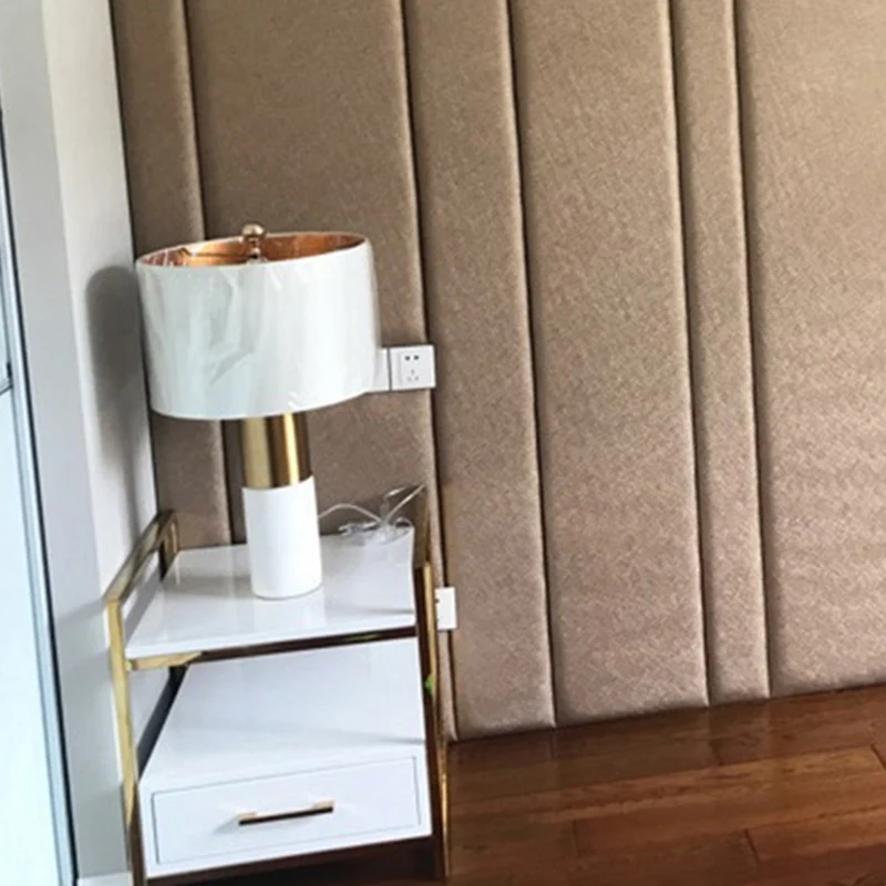 Modern Minimalist Round Cylinder Metal Marble Fabric 1-Light Table Lamp For Bedroom