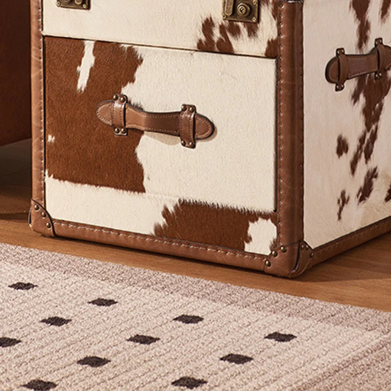Traditional Vintage Cow Square Oil Wax Leather Cowhide Leather Contact Surface Veneer End Table 2-Tier For Living Room