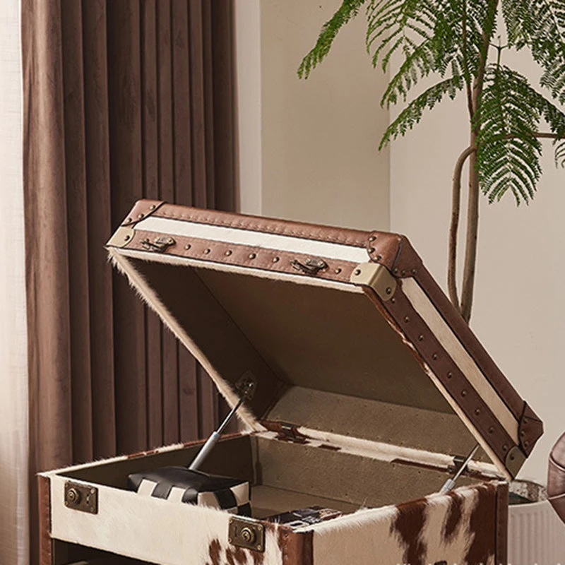 Traditional Vintage Cow Square Oil Wax Leather Cowhide Leather Contact Surface Veneer End Table 2-Tier For Living Room