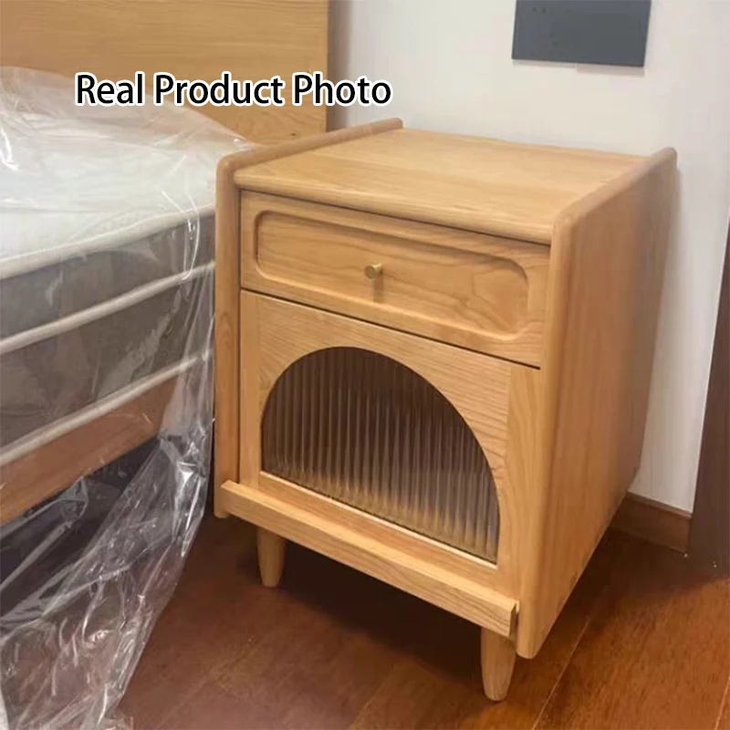 Contemporary Nordic Cubic Square Cherry Wood Glass Nightstand 1 - Drawer For Bedroom