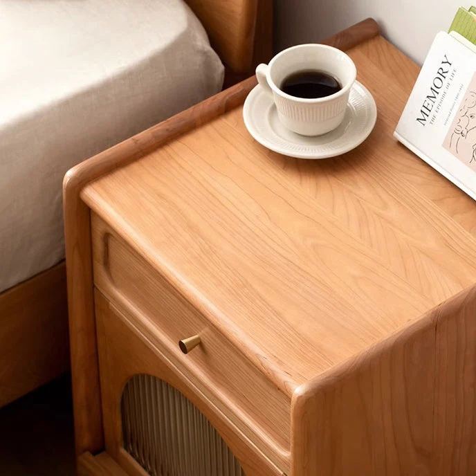Contemporary Nordic Cubic Square Cherry Wood Glass Nightstand 1 - Drawer For Bedroom