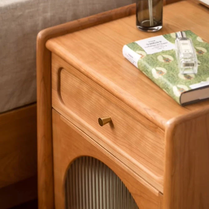 Contemporary Nordic Cubic Square Cherry Wood Glass Nightstand 1 - Drawer For Bedroom