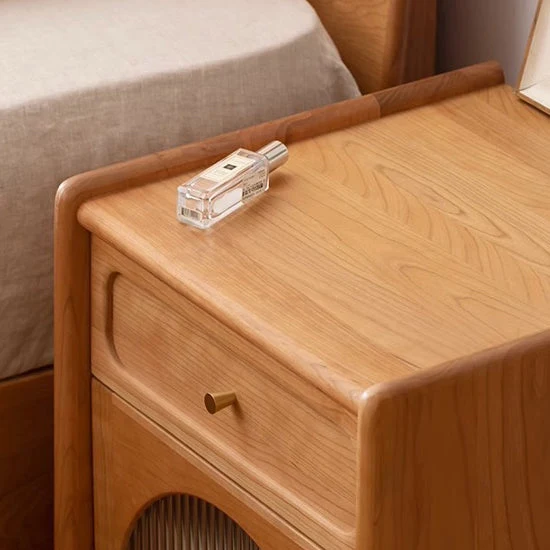 Contemporary Nordic Cubic Square Cherry Wood Glass Nightstand 1 - Drawer For Bedroom