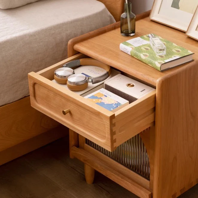 Contemporary Nordic Cubic Square Cherry Wood Glass Nightstand 1 - Drawer For Bedroom