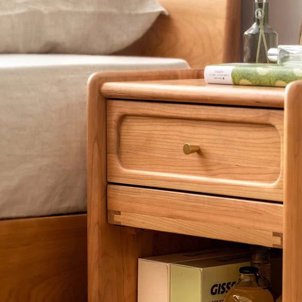Contemporary Nordic Cubic Square Cherry Wood Glass Nightstand 1 - Drawer For Bedroom