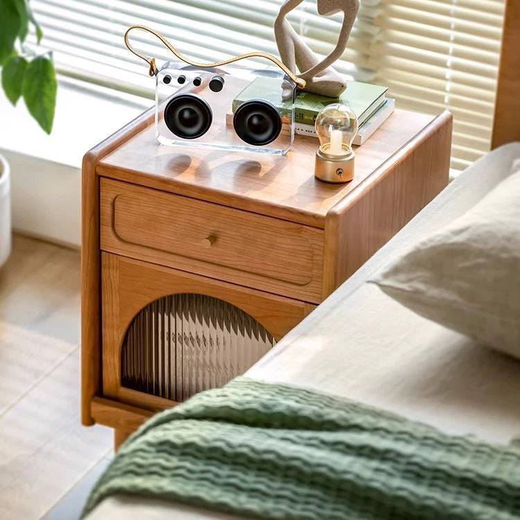Contemporary Nordic Cubic Square Cherry Wood Glass Nightstand 1 - Drawer For Bedroom