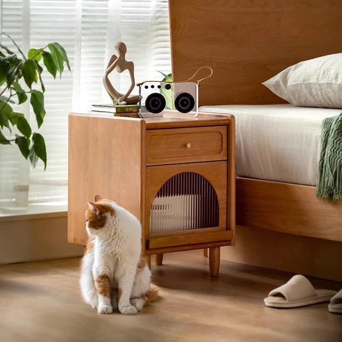 Contemporary Nordic Cubic Square Cherry Wood Glass Nightstand 1 - Drawer For Bedroom