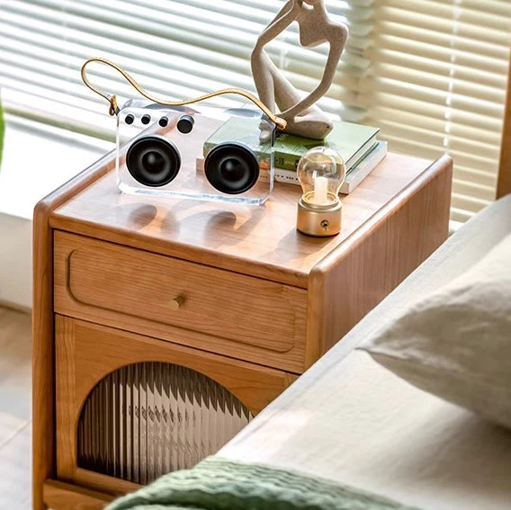 Contemporary Nordic Cubic Square Cherry Wood Glass Nightstand 1 - Drawer For Bedroom