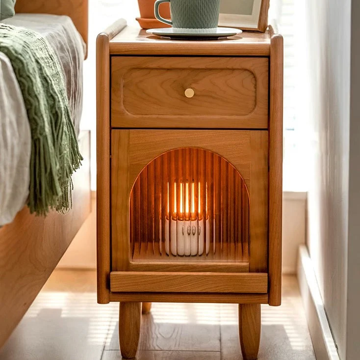 Contemporary Nordic Cubic Square Cherry Wood Glass Nightstand 1 - Drawer For Bedroom
