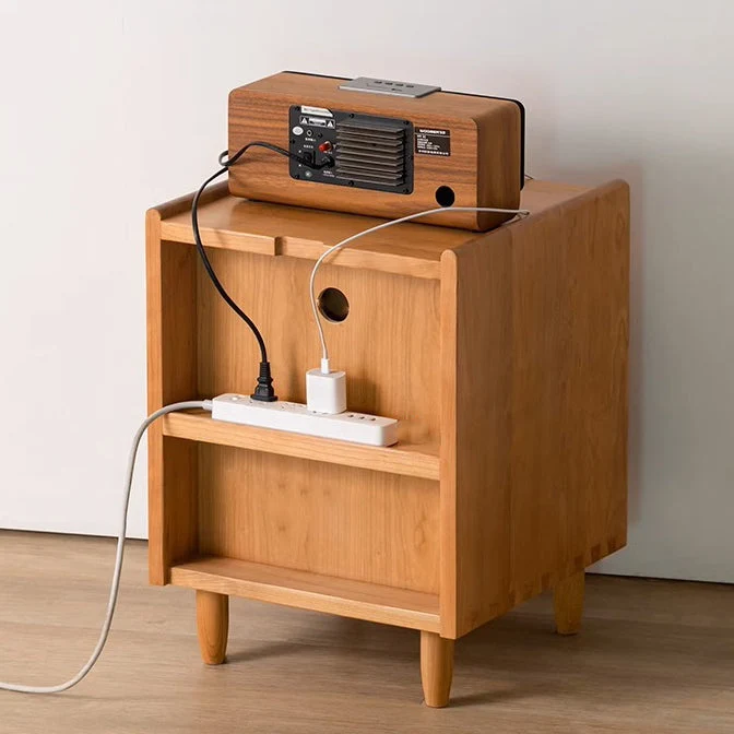 Contemporary Nordic Cubic Square Cherry Wood Glass Nightstand 1 - Drawer For Bedroom